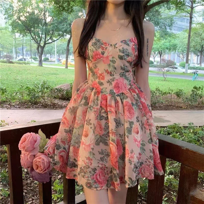 Đầm Hai Dây Lưng Cao Họa Tiết Hoa Phong Cách Pháp