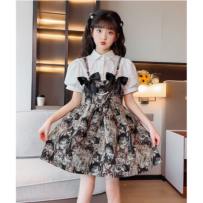 Bộ Áo Sơ Mi Phối Chân Váy Yếm Kiểu Hàn Quốc Thời Trang Mùa Hè Cho Bé Gái