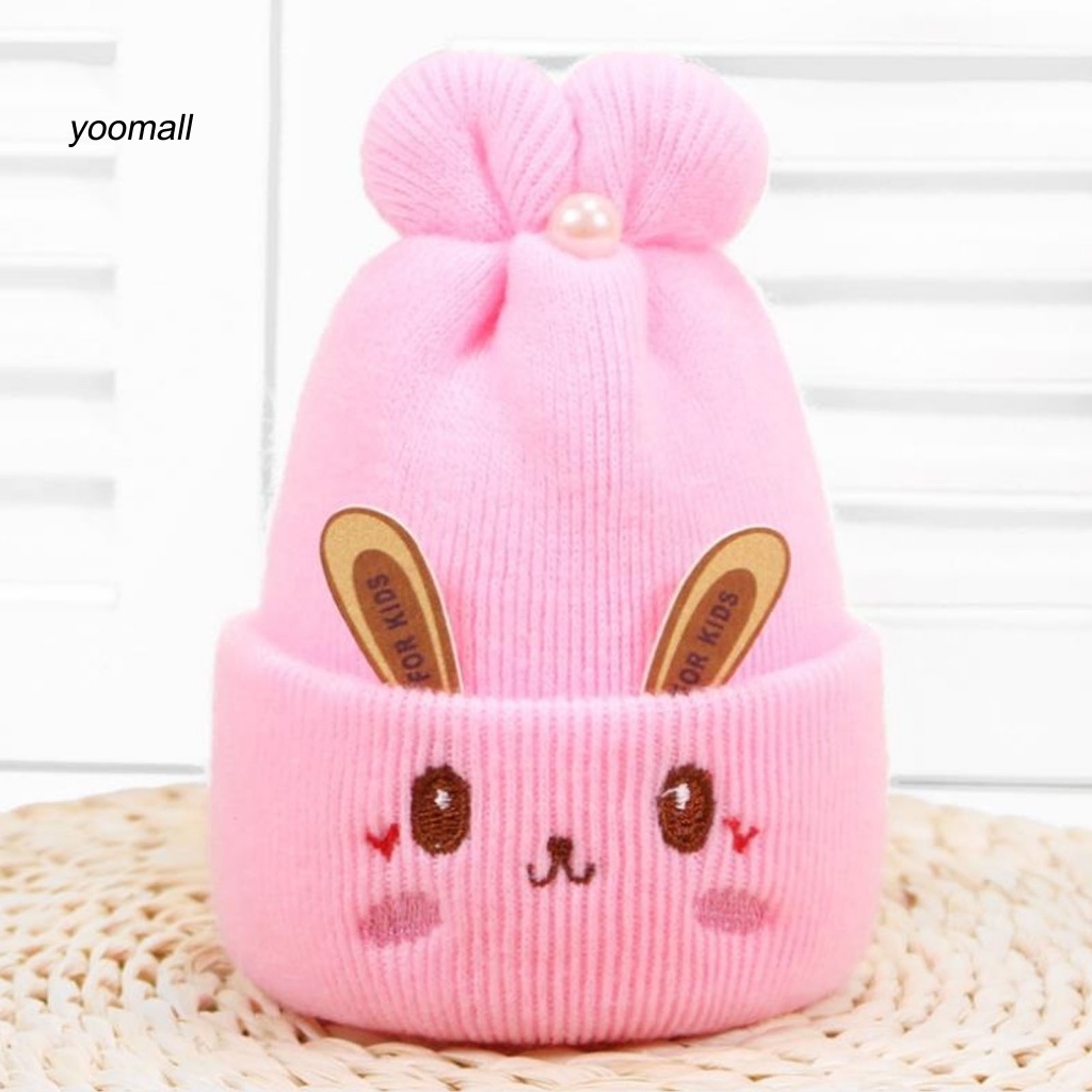 Mũ Beanie Dệt Kim Dày Dặn Đính Ngọc Trai Giả Thêu Hình Tai Thỏ Dễ Thương Thời Trang Thu Đông Cho Bé 0-6 Tháng Tuổi