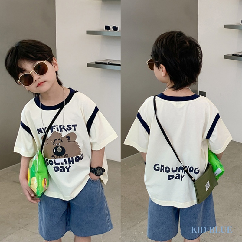 Bộ Áo Thun Tay Ngắn In Hoạt Hình Phối Quần Short Phối Màu Tương Phản Thời Trang Mùa Hè Cho Bé Trai