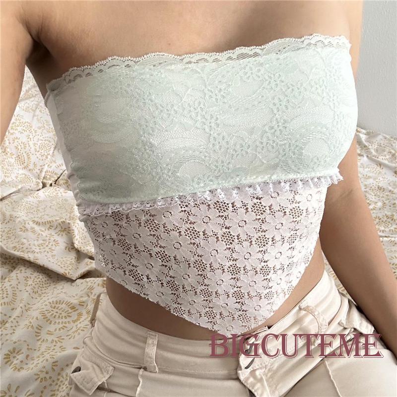 [] Áo Ống Mỏng Không Tay Không Đối Xứng Viền Ren Hoa Mùa Hè Cho Nữ