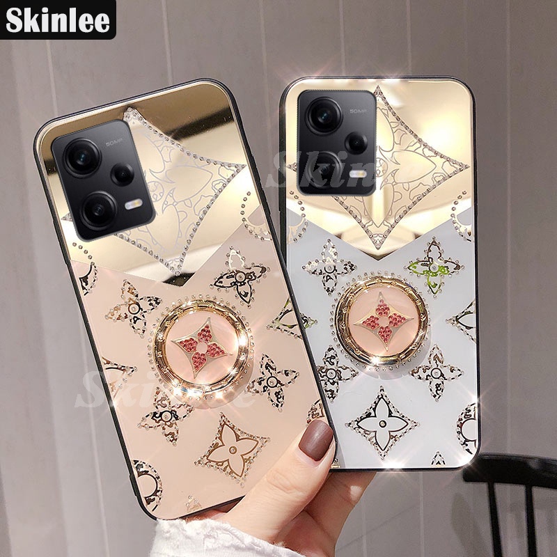 Ốp Điện Thoại Tráng Gương Họa Tiết Cỏ Ba Lá Sang Trọng Kèm Giá Đỡ Nhẫn & Dây Đeo Cho Redmi Note 12 Pro Plus Note12 Pro