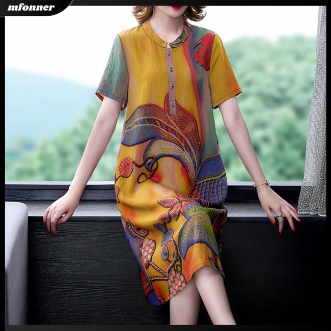 Đầm Midi Chữ A Tay Ngắn Cổ Tròn Dáng Rộng In Họa Tiết Cổ Điển Có Size Lớn Cho Nữ