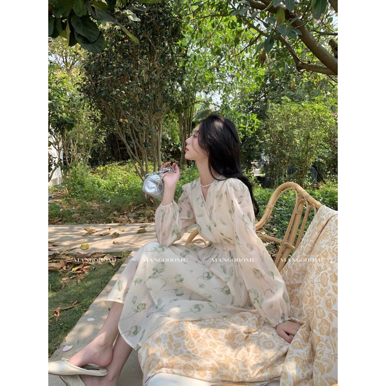 Đầm Hoa Cổ Chữ V Nhấn Eo Thời Trang Thanh Lịch Cho Nữ