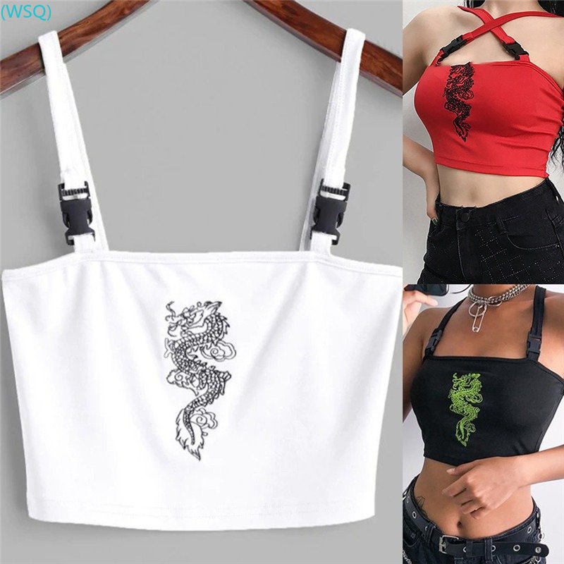 1 Áo Croptop Sát Nách Thêu Hình Rồng Phong Cách Trung Hoa Quyến Rũ Cho Nữ