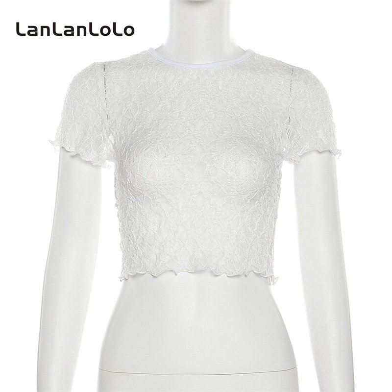 Áo thun LanLanLoLo tay ngắn cổ tròn màu trơn phối lưới nhìn thấu thời trang 2023 cho nữ