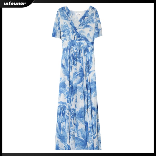 Đầm Hoa Tay Ngắn Cổ Chữ V Dáng Xòe Thời Trang Cho Nữ