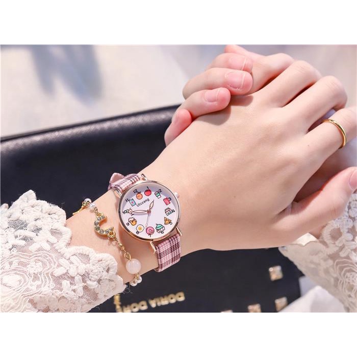 Đồng hồ nữ phong cách Nhật Hàn với dây da kẻ ô và mặt đồng hồ đáng yêu