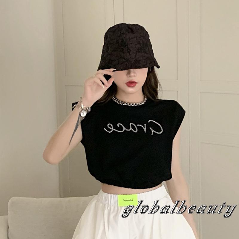 Áo Croptop Sát Nách Cổ Tròn Dáng Rộng In Chữ Đính Đá 00GB Cho Nữ