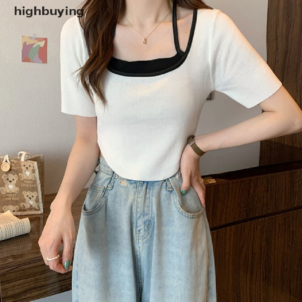 Áo Thun Lửng Ngắn Tay Cổ Vuông Phong Cách Quyến Rũ Dành Cho Nữ