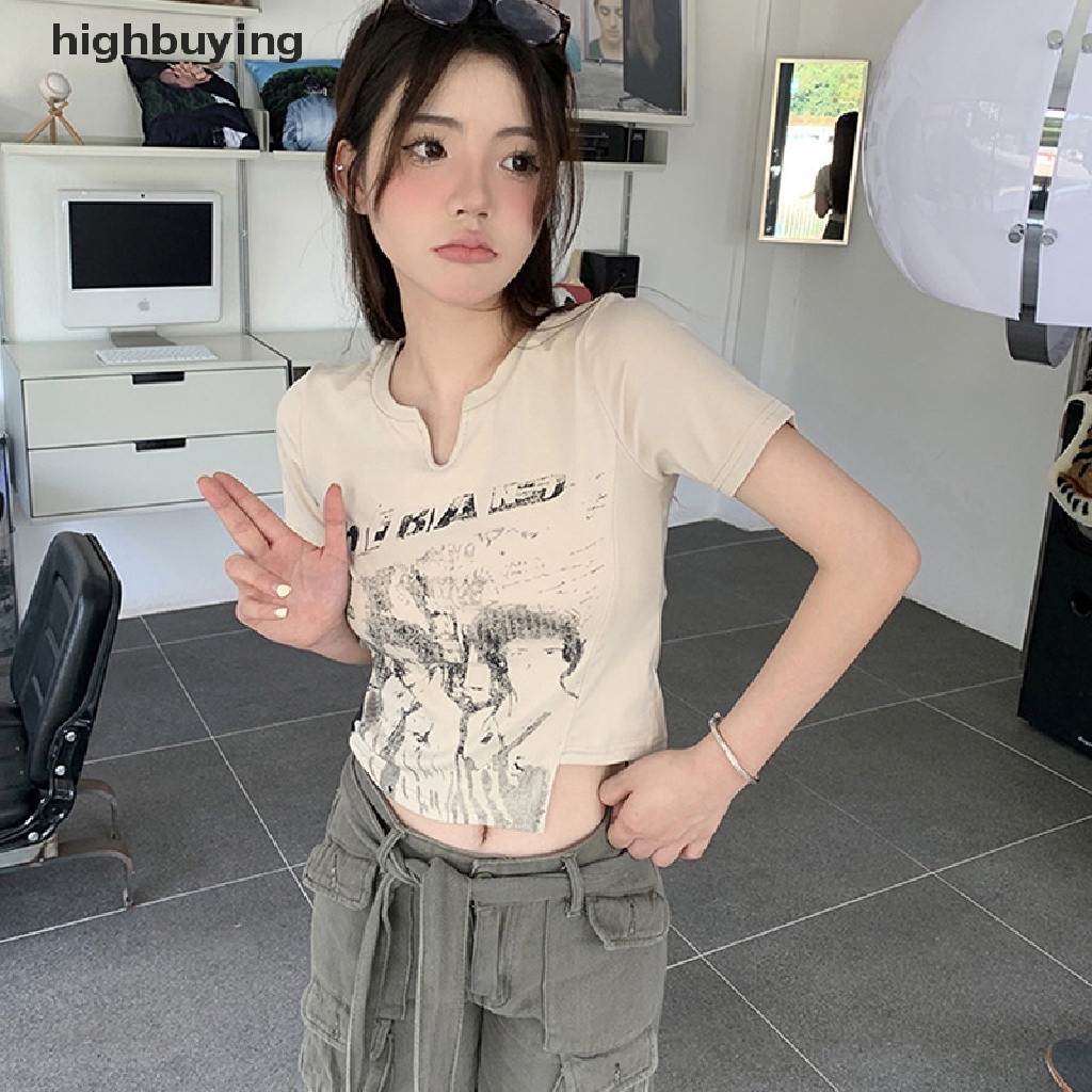 Áo Thun Lửng Ngắn Tay Cổ Chữ V In Họa Tiết Retro Cho Nữ