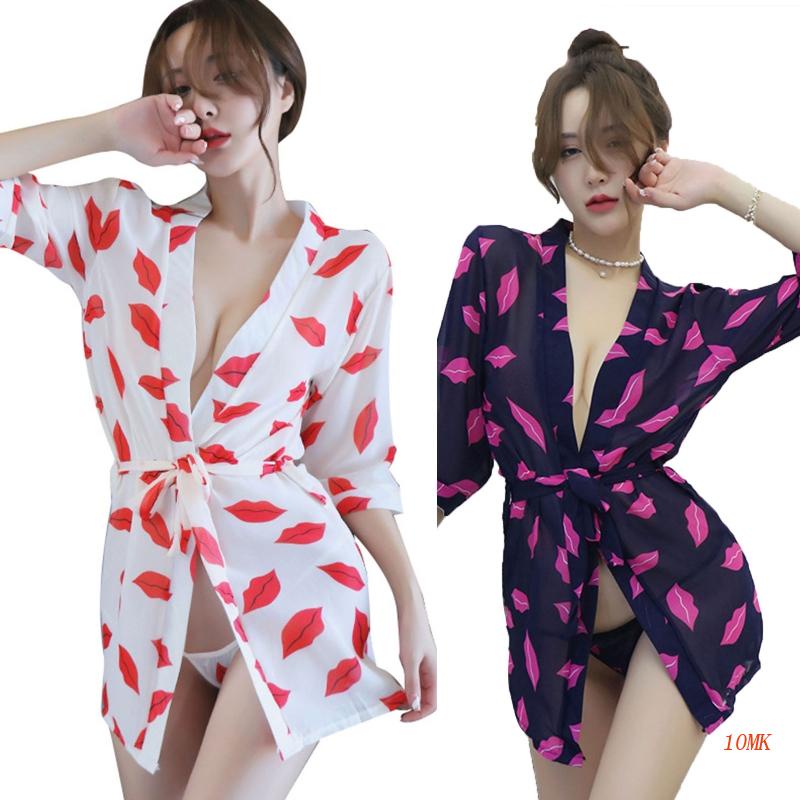 Xiangbao Áo Choàng Tắm Kiểu Kimono In Hình Đôi Môi Đỏ Quyến Rũ Có Dây Thắt Lưng Mặc Ngủ Chemise Kèm G