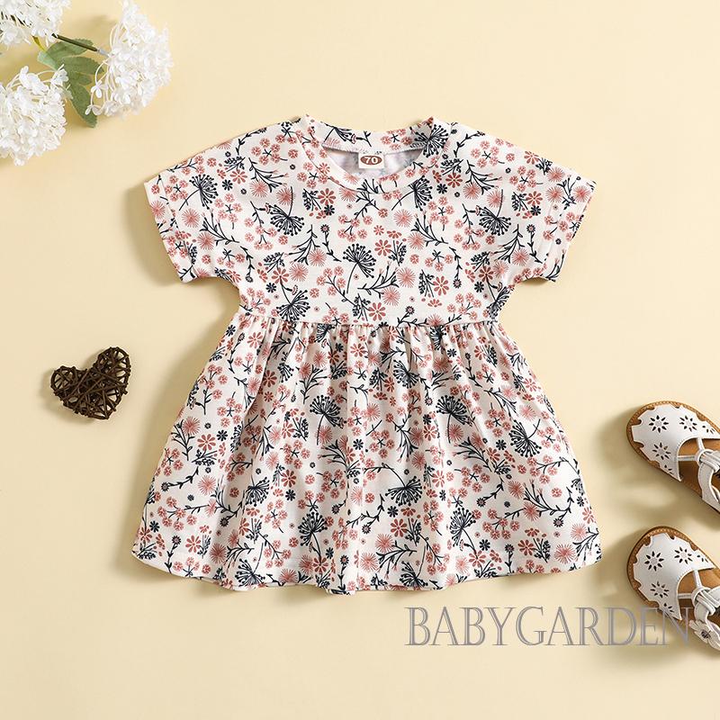 Đầm Công Chúa Mùa Hè Tay Cộc Cổ Tròn In Họa Tiết Hoa Dễ Thương Ngọt Ngào Cho Bé Gái 3 Tháng - 3 Tuổi