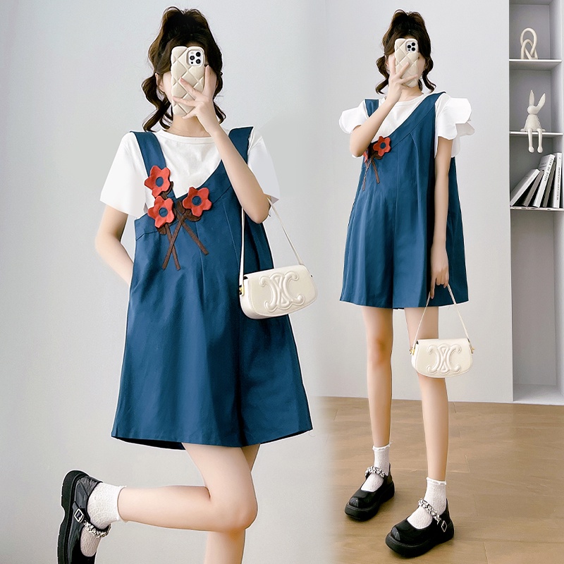 Hàng Mới Về Set Áo Thun Ngắn Tay + Váy Yếm In Hoa Thời Trang Cho Mẹ Bầu