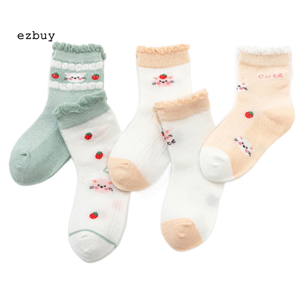 [EY] Set 5 Đôi Tất Lưới Mỏng Thoáng Khí Chống Mài Mòn In Họa Tiết Hoạt Hình Ngang Mắt Cá Chân Cho Bé Gái Trong Nhà
