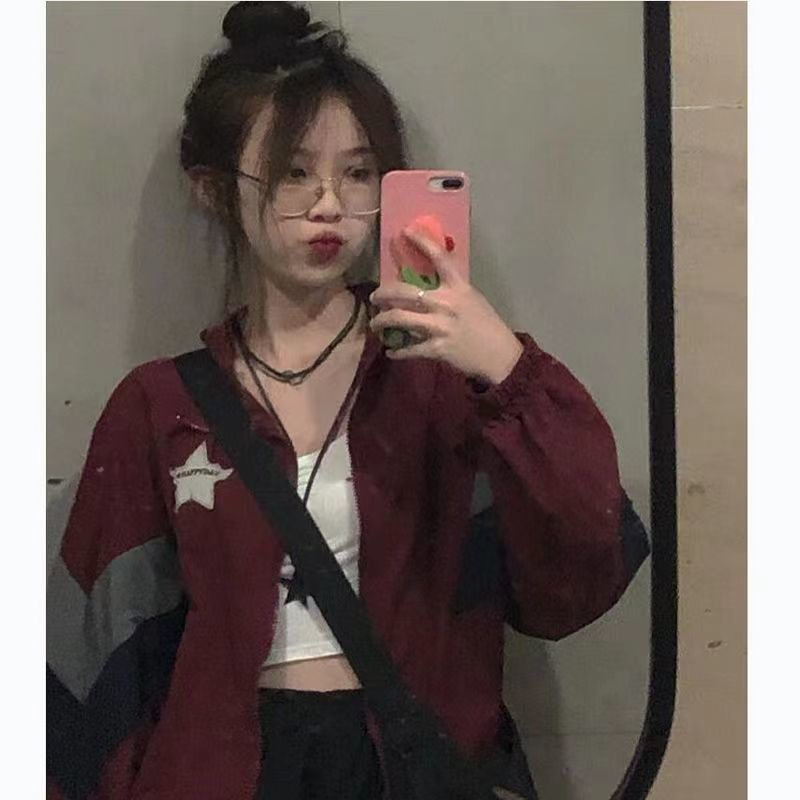 Áo Khoác Bóng Chày Màu Sắc Tương Phản Thêu Hình Ngôi Sao Thời Trang Cho Nữ