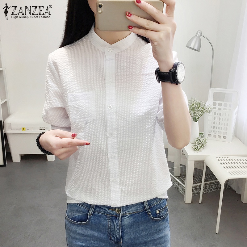 Zanzea Áo Sơ Mi Nữ Dài Tay Cổ Đứng Họa Tiết Sọc Dọc Thời Trang