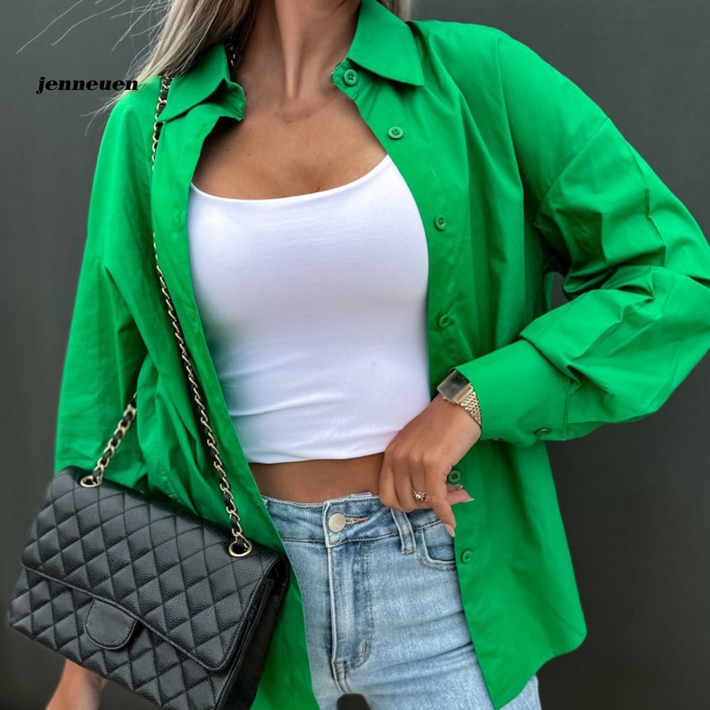 Jen Áo Sơ Mi Công Sở Dáng Rộng Cổ Chữ V Một Hàng Nút Màu Trơn Mặc Hàng Ngày Cho Nữ