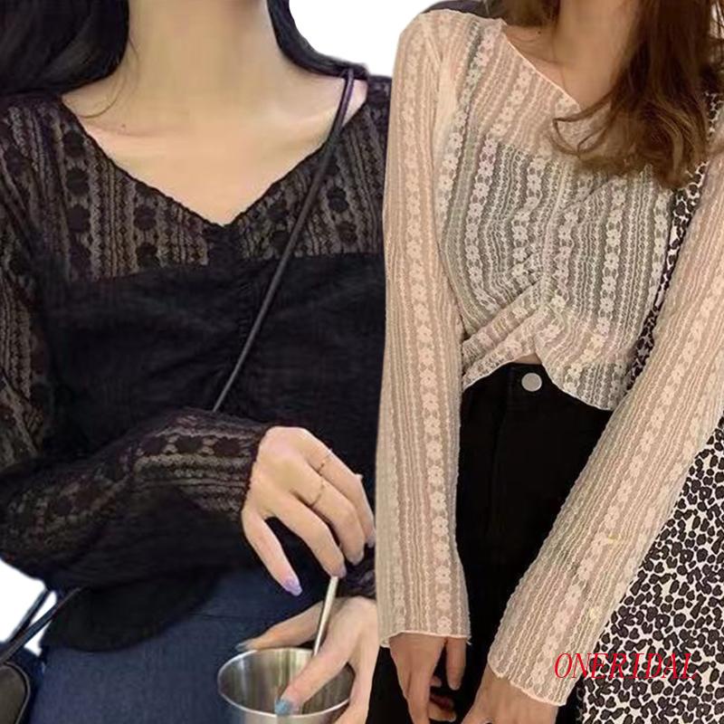 Áo Kiểu Tay Dài Dáng Ôm Phối Ren Màu Trơn Đơn Giản Dành Cho Nữ