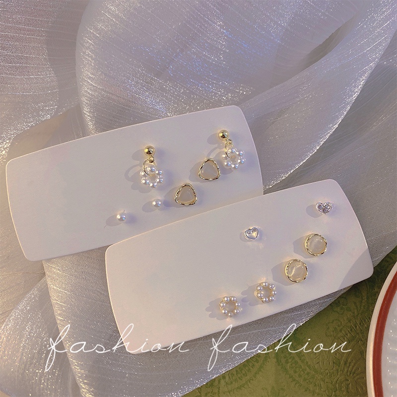 Bộ Sáu Bông Tai Ngọc Trai Opal Không Cần Xỏ Khuyên Mini Hình Học Cho Nữ