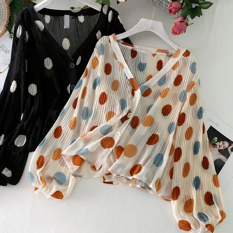 Áo Sơ Mi Chiffon Phối Ren Cổ Chữ V Xếp Ly Họa Tiết Chấm Bi 3 Màu Thời Trang Mùa Hè Kiểu Mới Cho Nữ