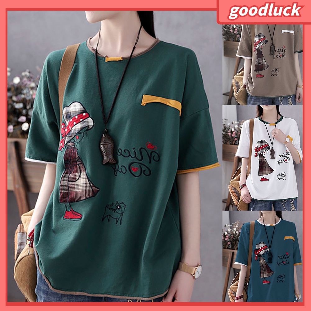 Áo Thun Cotton Tay Ngắn Cổ Tròn In Hình Mèo Hoạt Hình Dành Cho Nữ