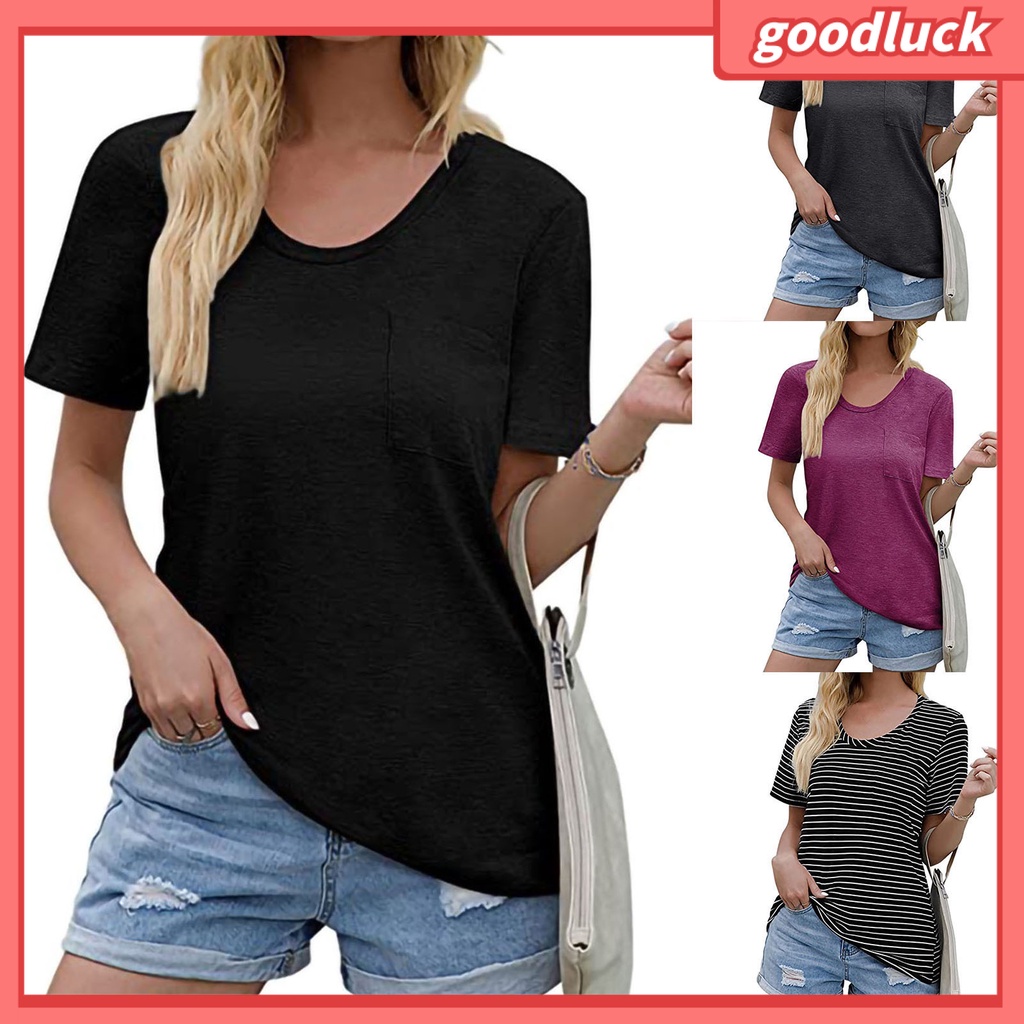 Áo Thun Tay Ngắn Cổ Tròn Màu Trơn Dáng Rộng Phối Túi Thời Trang Đường Phố Cá Tính Cho Nữ
