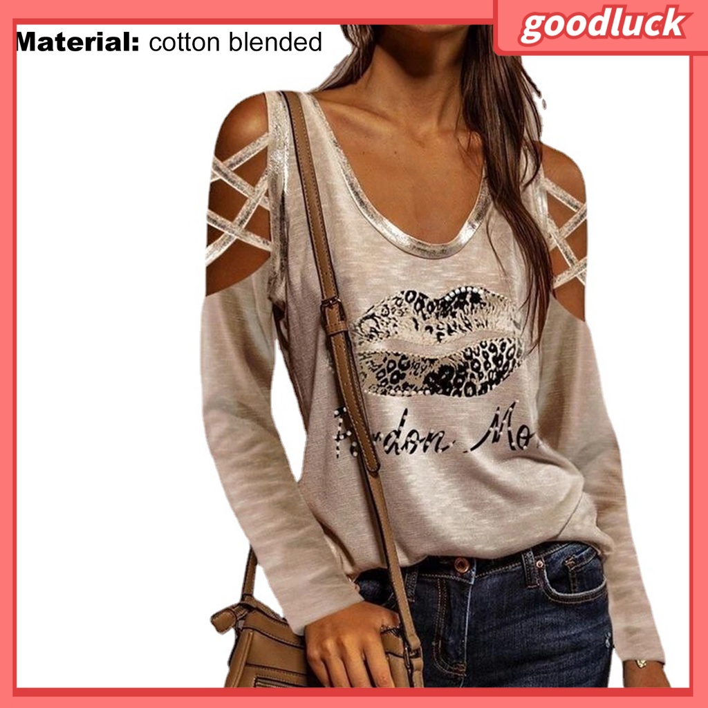 Áo Thun Cotton Pha Trộn Khoét Vai Tay Dài In Họa Tiết Đôi Môi Cho Nữ