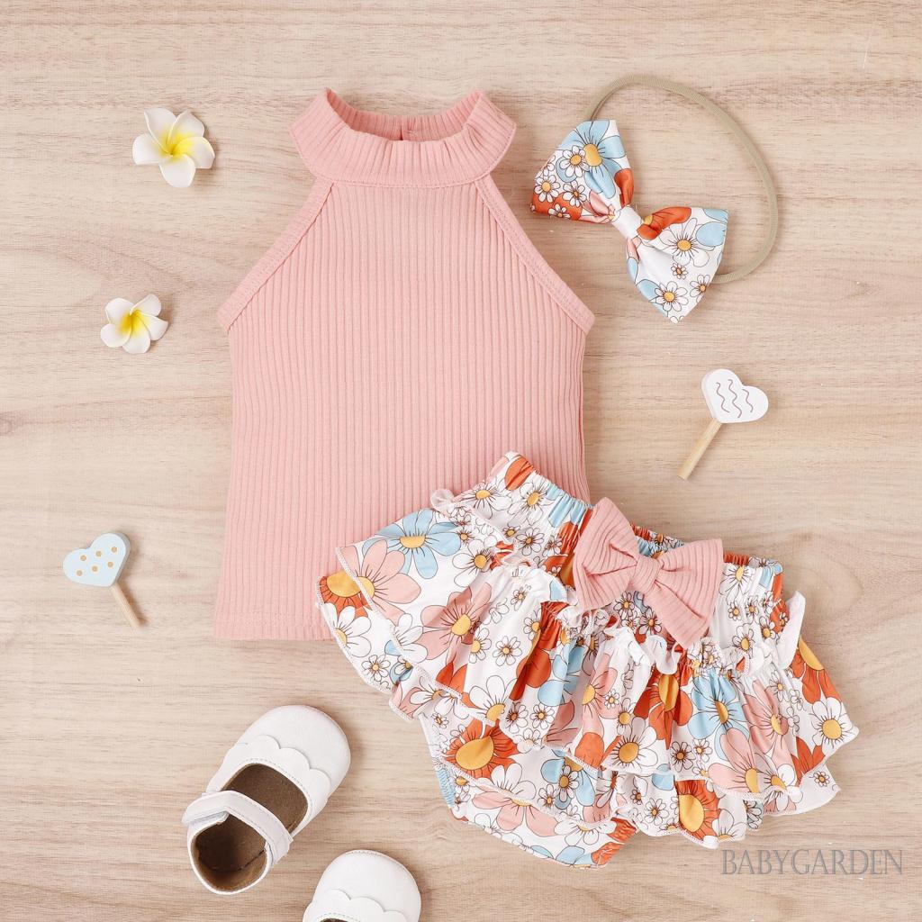 Set Áo Không Tay + Quần Short In Hoa + Băng Đô Cài Tóc Thời Trang Đường Phố Cho Bé Gái 0-18 Tháng Tuổi