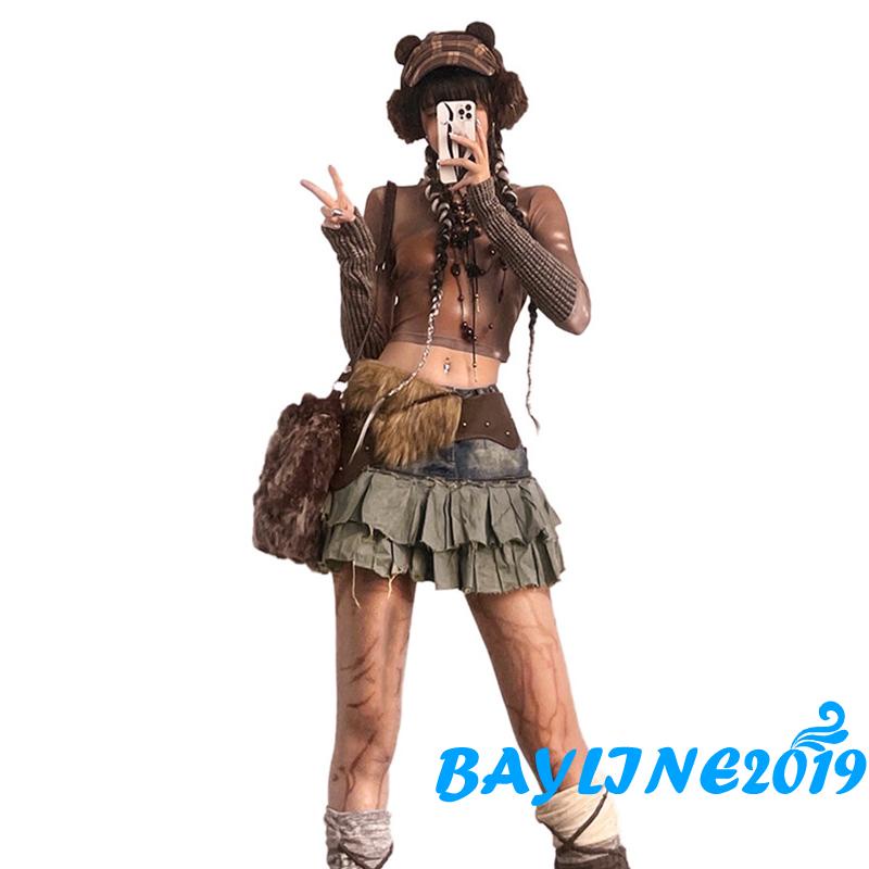 Áo Croptop Dệt Kim Tay Dài Cổ Tròn In Màu Nhuộm Thời Trang Cho Nữ