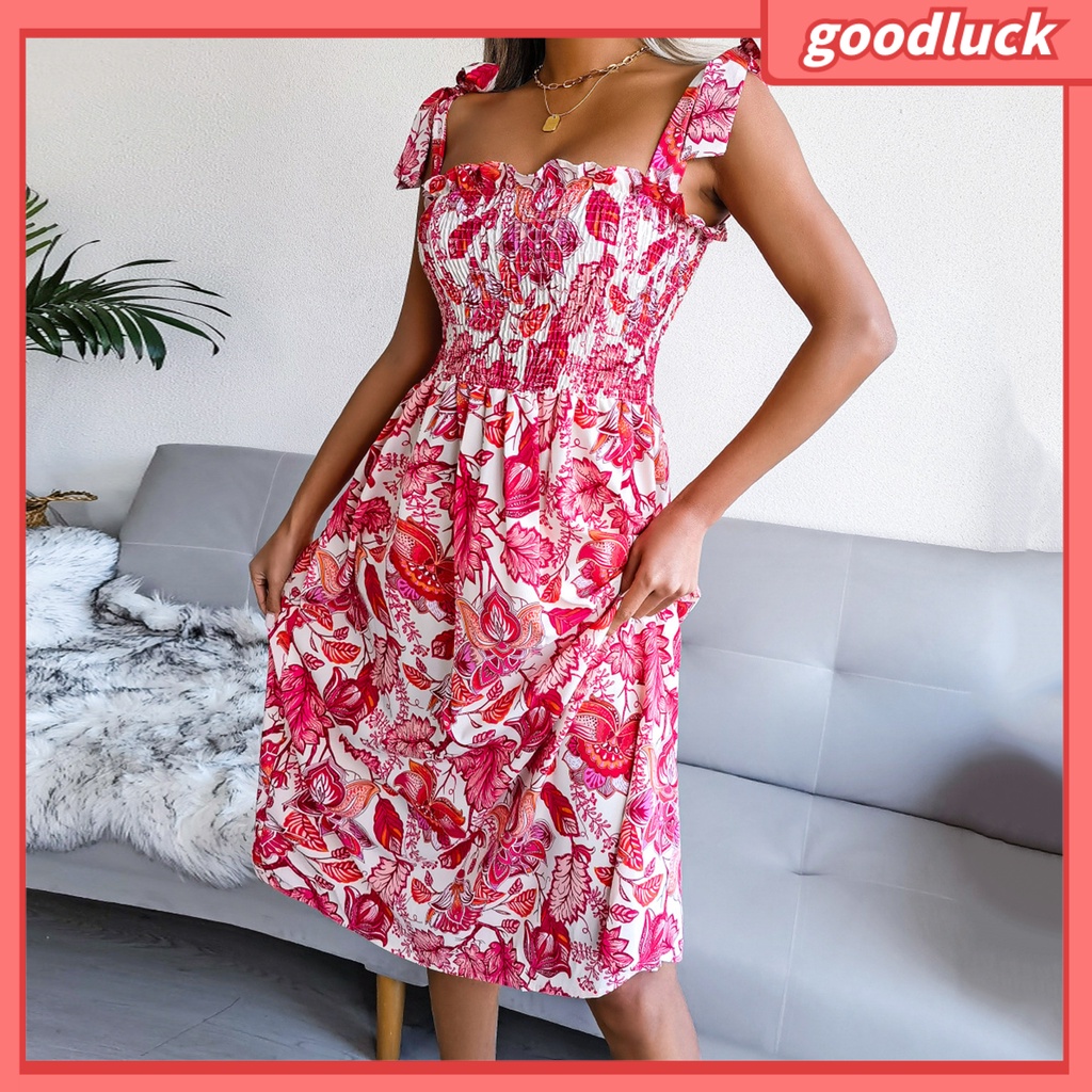 [ULK] Đầm Hai Dây Dáng Rộng Eo Cao Co Giãn In Họa Tiết Hoa Lá Mùa Hè Cho Nữ