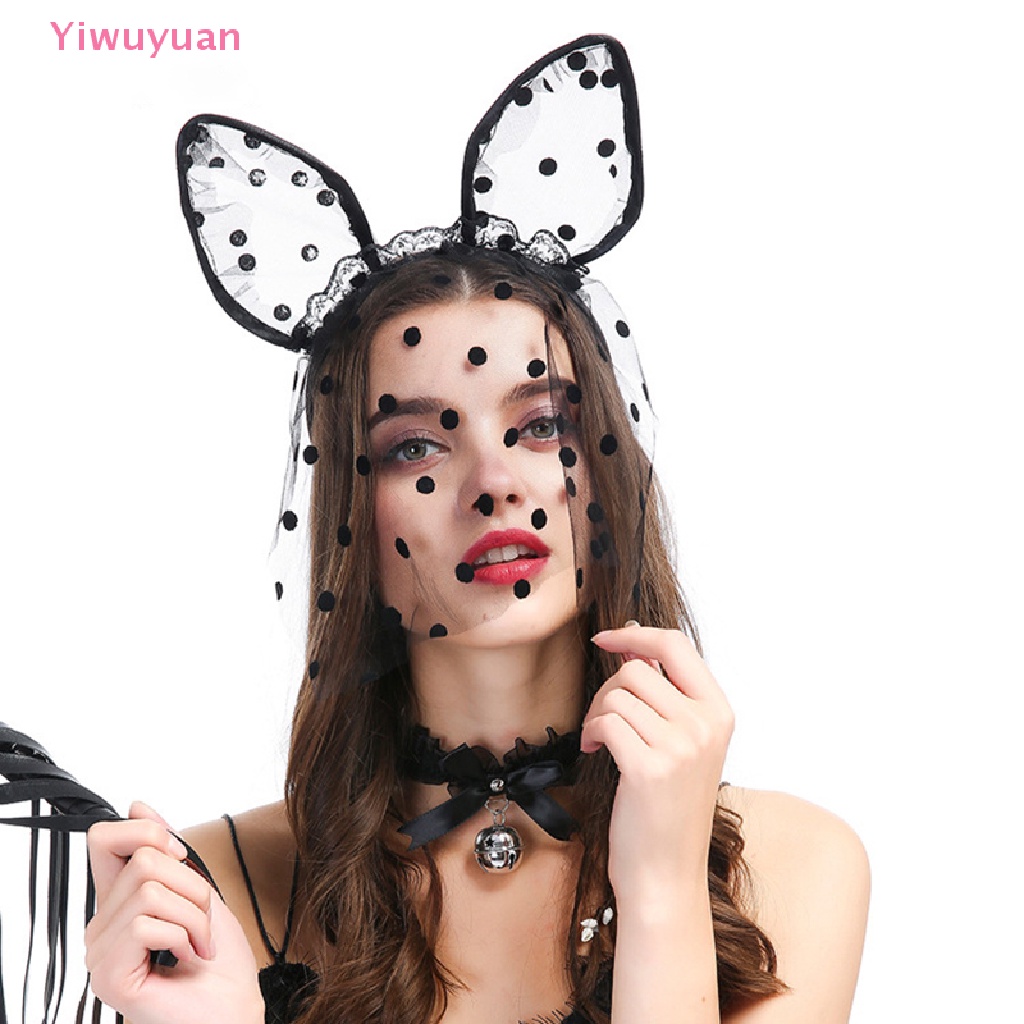 < Yiwuyuan > Băng Đô Tai Mèo Phối Ren Lưới Chấm Bi Gợi Cảm Hóa Trang Halloween Cho Nữ