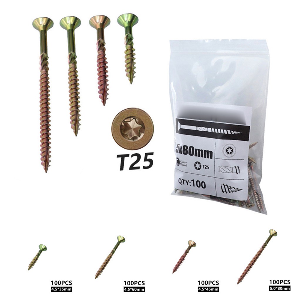 Set 100 Đinh Vít Đầu Dẹt T25 Chuyên Dụng Gia Công Vật Liệu Gỗ