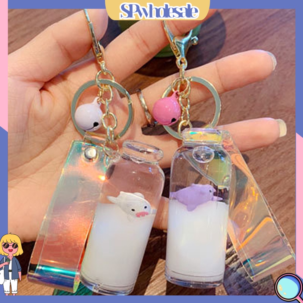 <SPwholesale> Móc Khóa Hình Bình Sữa Thủy Tinh Ba Chiều Có Chuông Và Dây Treo < SPwholesale >