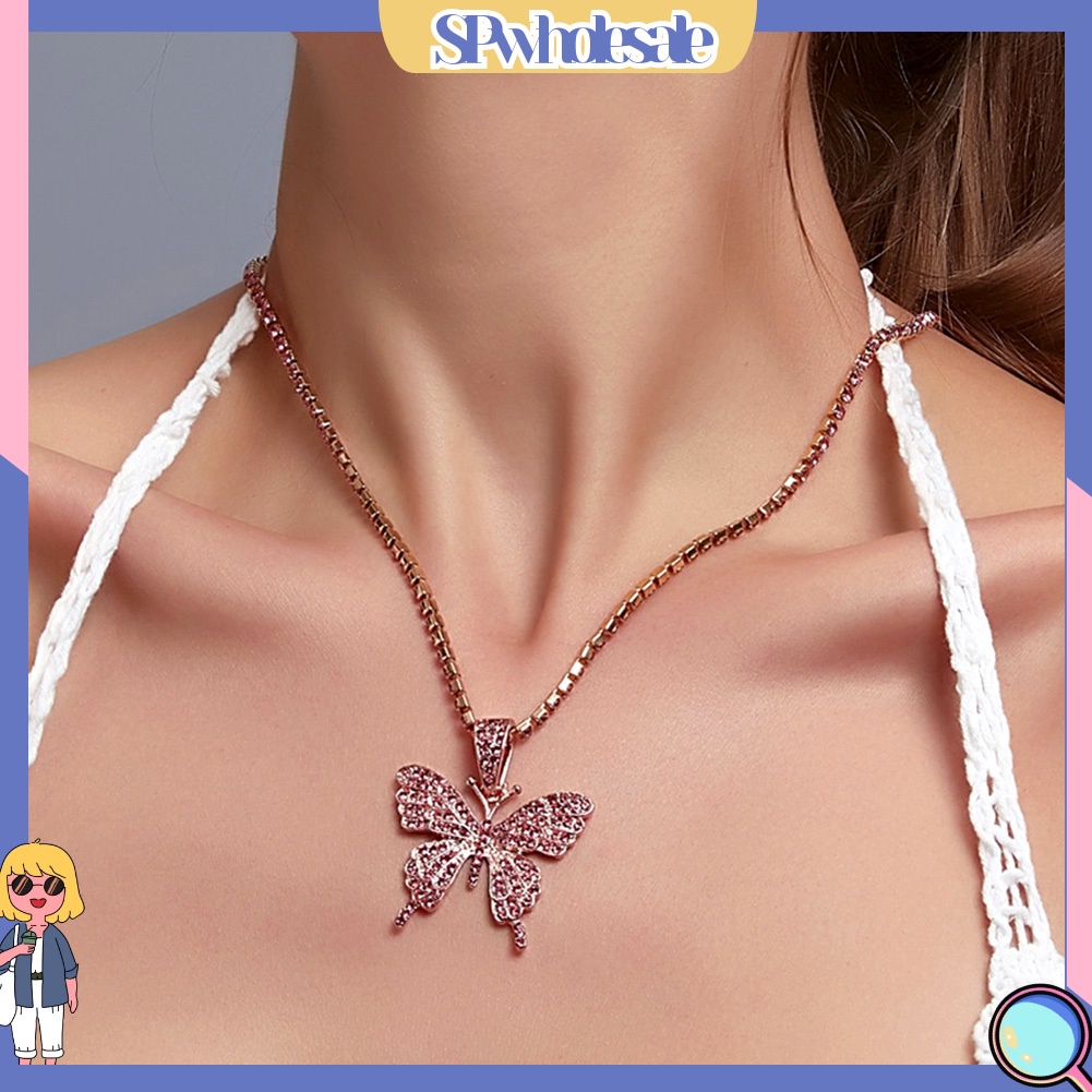 &lt;SPwholesale&gt; Vòng cổ Một Lớp Bằng Thép Không Gỉ Mặt Hình Bướm Đính Đá Thời Trang