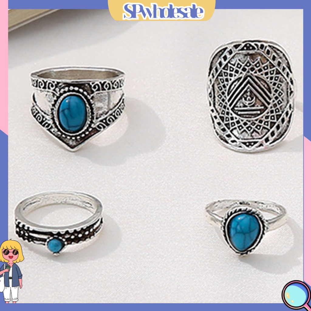 <SPwholesale> Set 8 Nhẫn Đeo Khớp Ngón Tay Đính Đá Ngọc Lam Giả Phong Cách Bohemian Thời Trang