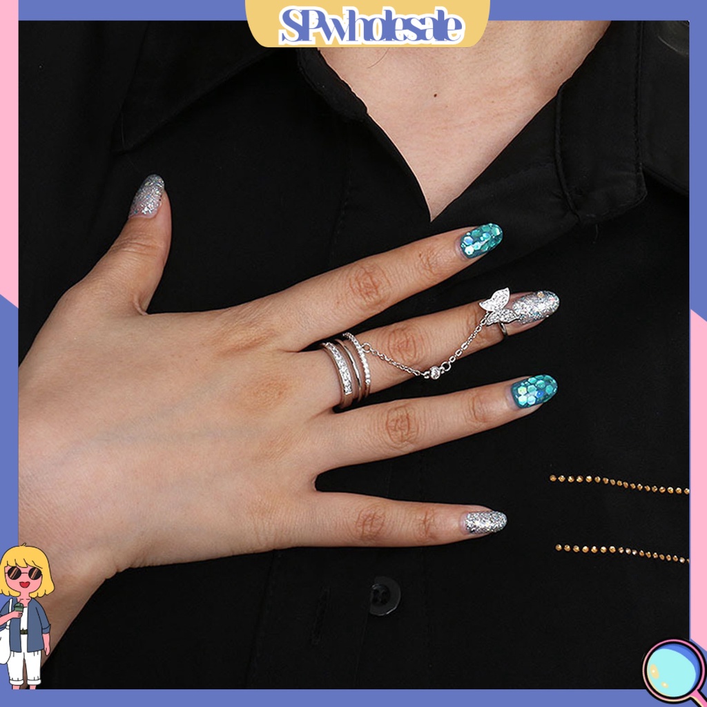 <SPwholesale> Bộ Nhẫn Hở Ba Lớp Sáng Bóng Đính Đá Hình Bướm Tua Rua Làm Quà Sinh Nhật Cho Nữ