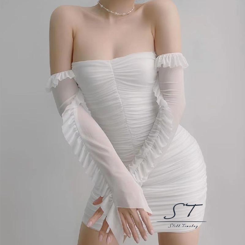 Cy03-đầm Ôm Dáng Tay Dài Cổ Thuyền Hở Lưng Phối Lưới Xuyên Thấu Màu Trơn Cho Nữ