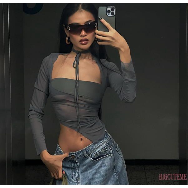 Áo Croptop Tay Dài Cổ Vuông Phối Lưới Màu Sắc Đơn Giản Cho Nữ