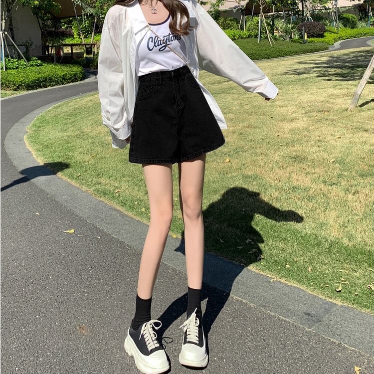 Quần Short Denim Chữ A Lưng Cao Ống Rộng Phong Cách Hàn Quốc Thời Trang Mùa Hè Cho Nữ