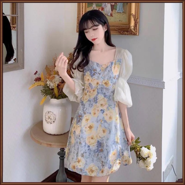 Đầm Chữ A Tay Ngắn Phồng Cổ Vuông In Hoa Dành Cho Nữ