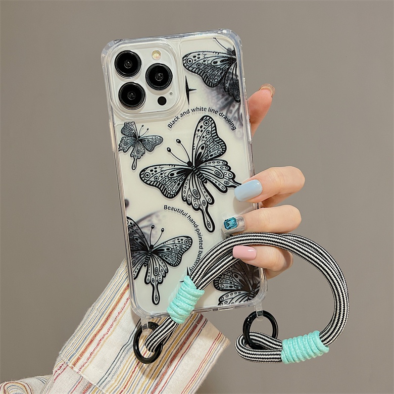 Ốp Điện Thoại Silicone tpu Mềm Trong Suốt Chống Sốc In Hình Bướm Đơn Giản Có Dây Đeo Cho iphone 12 14 13 11 Pro Max