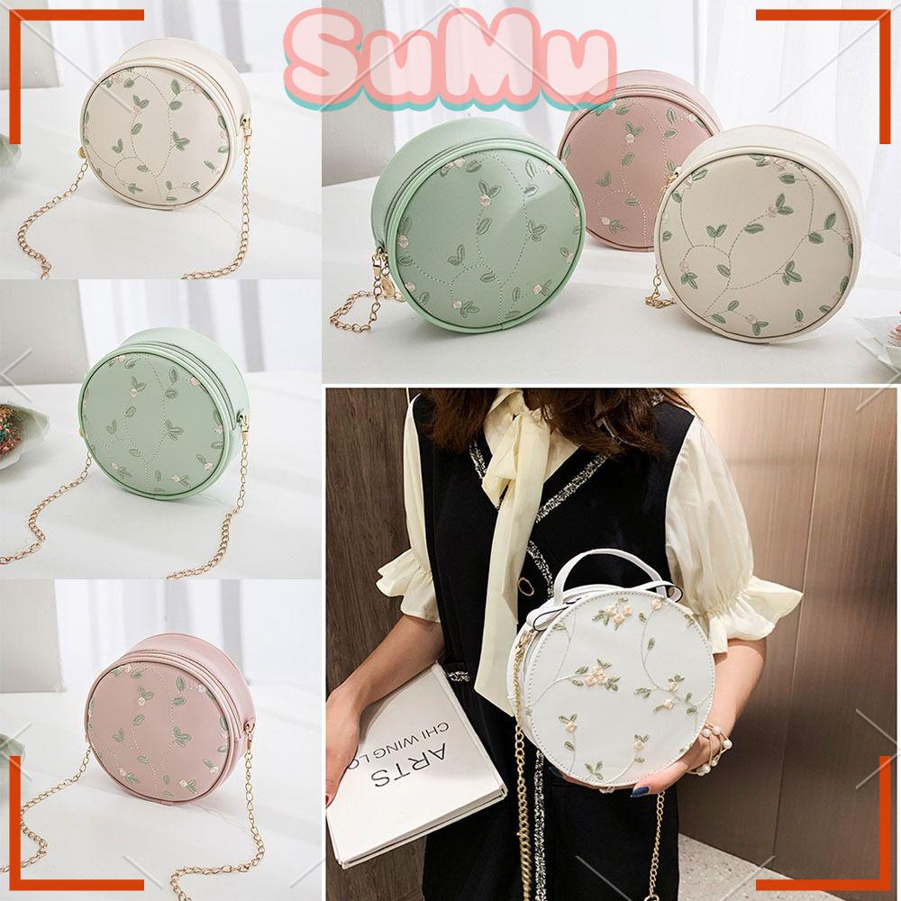 Túi Xách Da PU Hình Tròn Phối Dây Xích Đính Hoa Nhỏ Nhắn Xinh Xắn Dành Cho Nữ