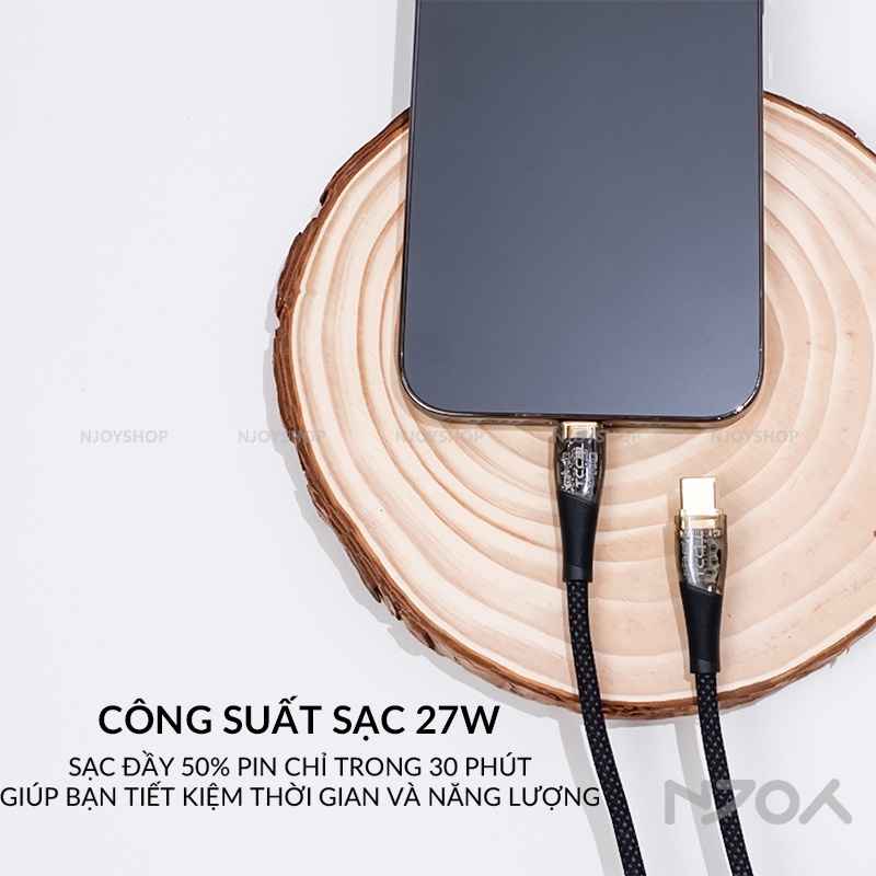 Cáp Sạc Nhanh Cho Điện Thoại IP11/12/13/14 Thiết Kế Trong Suốt Dài Chân Cắm Type C 27W Độ Dài 1.2m TCCEL Njoyshop