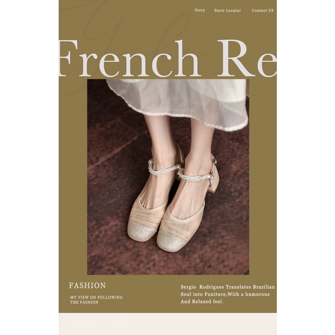 Duoya Tóc Thẳng ~ [Hàng Có Sẵn] ~ Sandal Hở Ngón Gạc Đính Kim Sa Ngọc Trai Gót Dày Cho Nữ Miễn Phí Vận Chuyển