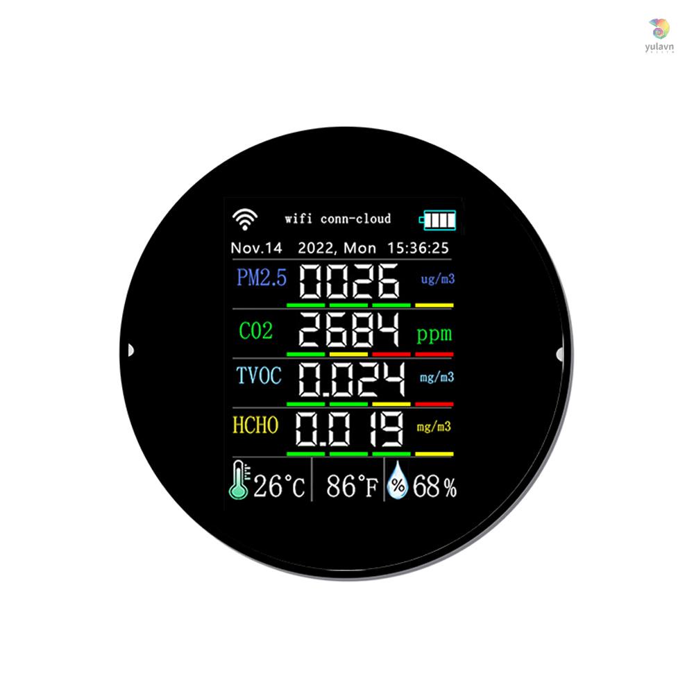 Thiết Bị Đo Độ Ẩm Không Khí Kết Nối Wifi 7 Trong 1 PM2.5 CO2 TVOC HCHO AQI Có Màn Hình Hiển Thị Màu