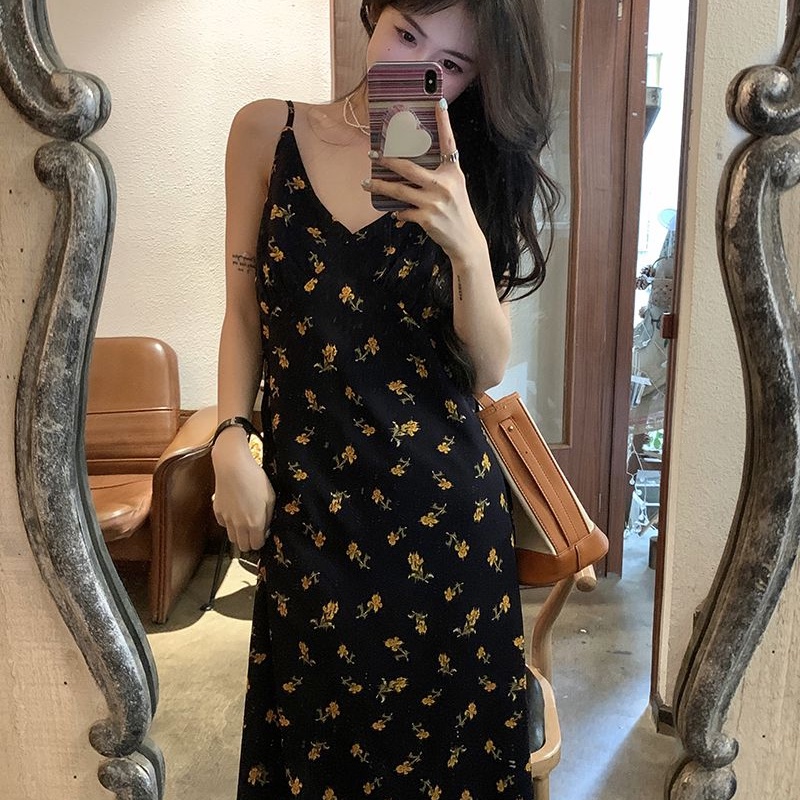COZOKC Đầm Dài Trung Bình Không Tay Ôm Dáng In Hoa Phiên Bản Hàn Quốc