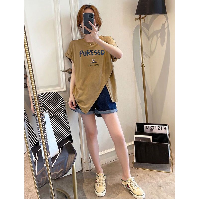 Áo Thun Tay Ngắn Dáng Rộng Xẻ Tà Thời Trang Mùa Hè Cho Nữ