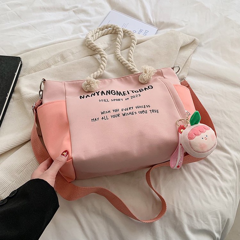 Túi tote Đeo Vai Bằng Vải Bạt cotton In Chữ Có Dây Treo Cho Nữ