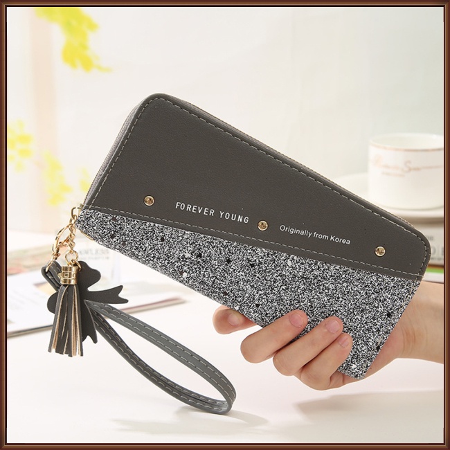 Ví Da Pu Dáng Dài Nhiều Ngăn Đựng Thẻ Phối Khóa Kéo Màu Tương Phản Thời Trang Cho Nữ